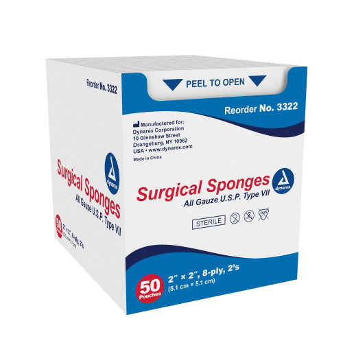 Gauze, 2&quot; x 2&quot;, Sterile (3000/Cs), 8-ply, Case of 3000