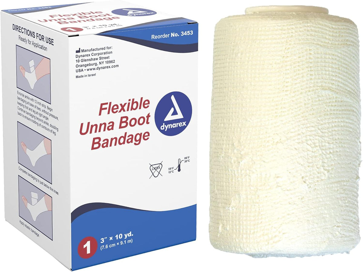 Dynarex 3453 Unna Boot Bandage, Individually Packaged, Provides Customized Compression, With Zinc Oxide, Soft Cast, 3&quot; x 10 Yard, Pack of 12